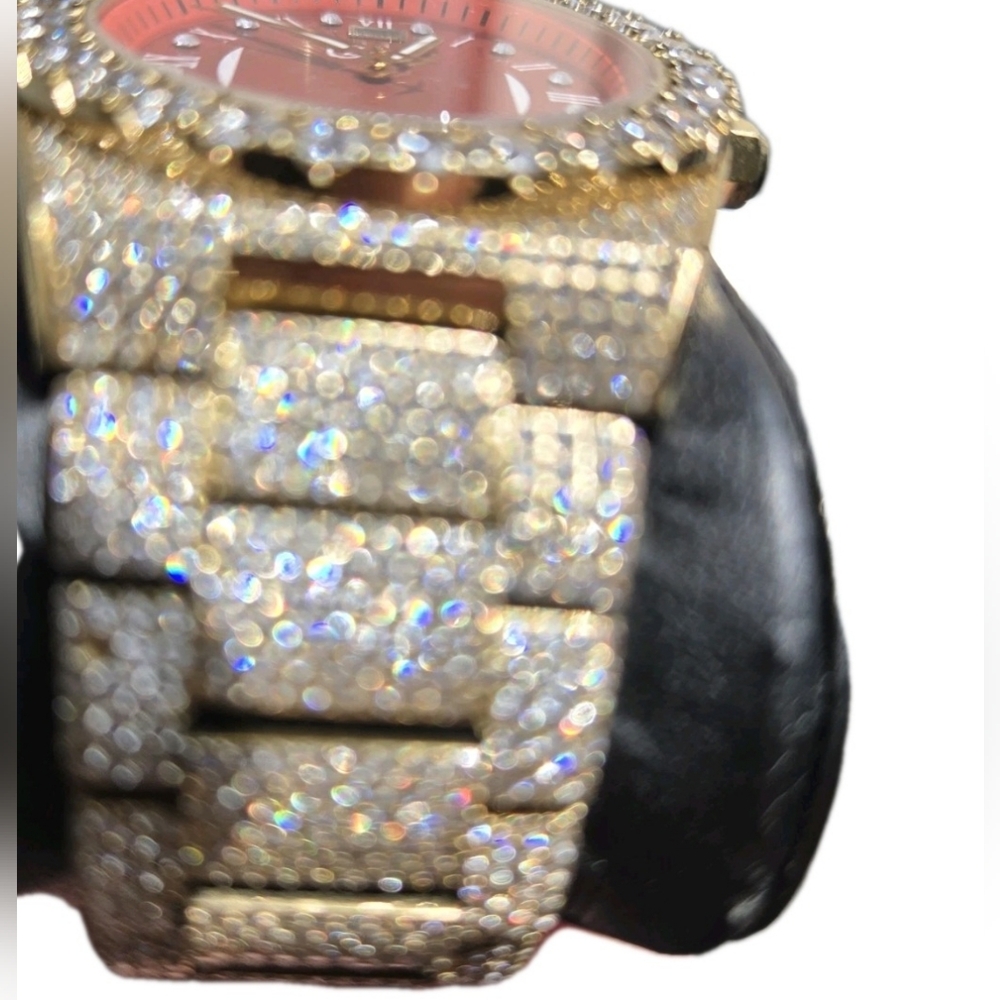 GLD Gold Iced Out 42MM Fully Iced Alpha Era® w/Diamond Prong Link Band /Red Face - Picture 7 of 12